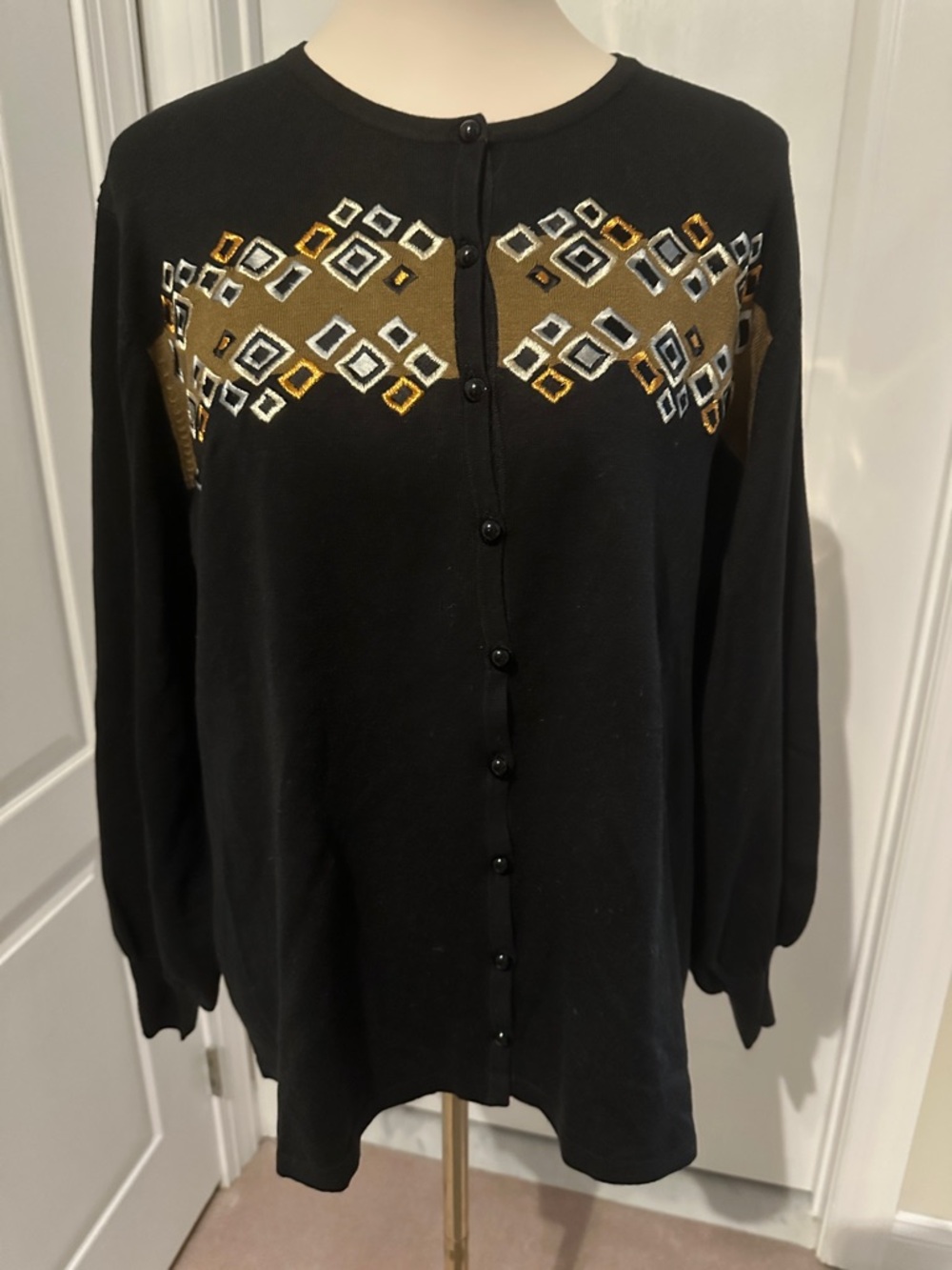 Vintage Bob Mackie Black Cardigan with Camel and White Diamond Motif Sz 1X